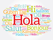 Hola (Hello Greeting In Spanish) Word Cloud In Different Languages Of The World