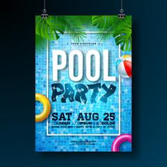 Wall Mural - Summer pool party poster design template with palm leaves, water, beach ball and float on blue ocean landscape background. Vector holiday illustration for banner, flyer, invitation, poster.