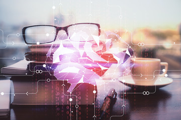 Fototapete - Brain drawings with glasses on the table background. Double exposure.