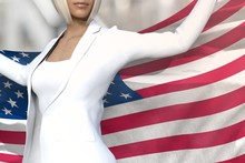Sexy Business Lady Holds USA Flag In Hands Behind Her Back On The Office Building Background - Flag Concept 3d Illustration