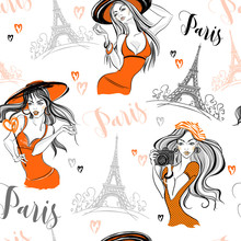 Seamless Pattern. Elegant Girls In Paris. Vector.