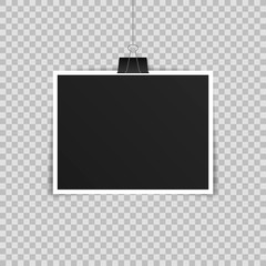Wall Mural - vector photo frame mockup design. photo frame hanging on a clip isolated on transparent background. 