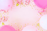 Fototapeta Tulipany - Pink birthday background with balloons, confetti and streamers