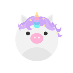 Wall Mural - Cute unicorn round graphic vector icon. White, grey unicorn with pink nose, purple mane and rainbow horn. Mythical creature head, face illustration. Isolated.