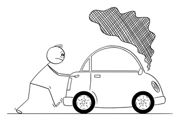 Canvas Print - Vector cartoon stick figure drawing conceptual illustration of man pushing broken car with smoke coming from the engine.