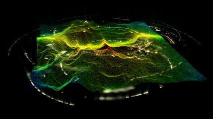 Fototapete - Futuristic Holographic Terrain environment, geomorphology, topography and digital data telemetry information display motion graphic user interface head up display screen