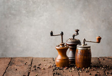 Collection Of Vintage Pepper Mills With Copyspace