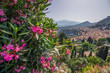 Oleander und Aussicht auf den Vulkan Ätna, Taormina und das Mittelmeer vom antiken Theater in Taormina, Sizilien