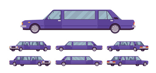 Wall Mural - Limousine large, luxurious car set. Violet expensive limo, classic comfortable vehicle for transportation service. Vector flat style cartoon illustration isolated on white background, different views