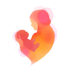 Happy mother's day. Side view of Happy Muslim mom with her baby  silhouette plus abstract watercolor painted. Muslim mama with her child. Double exposure illustration. Digital art painting.