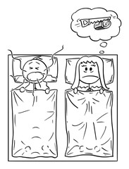 Poster - Vector cartoon stick figure drawing conceptual illustration of couple in bed in bedroom. Man is snoring loud and woman can't sleep.