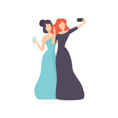 Wall Mural - Girls Wearing Evening Dresses Taking Selfie Photo on Smartphone, Beautiful Young Women Making Photo or Video for Social Media Using Modern Gadget Vector Illustration