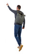© ghoststone - Back view of a walking man with a bag pointing his hand up.