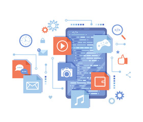 Wall Mural - mobile app development, software management, ui, ux development. phone screen with program code, mob