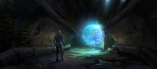 the holographic image unfolded in the dark tunnel,digital illustration.