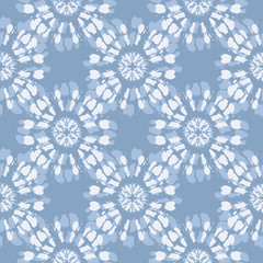 Wall Mural - Boho Monochrome Jean Blue Tie-Dye Shibori Mirrored Sunburst Mandala Background Vector Seamless Pattern