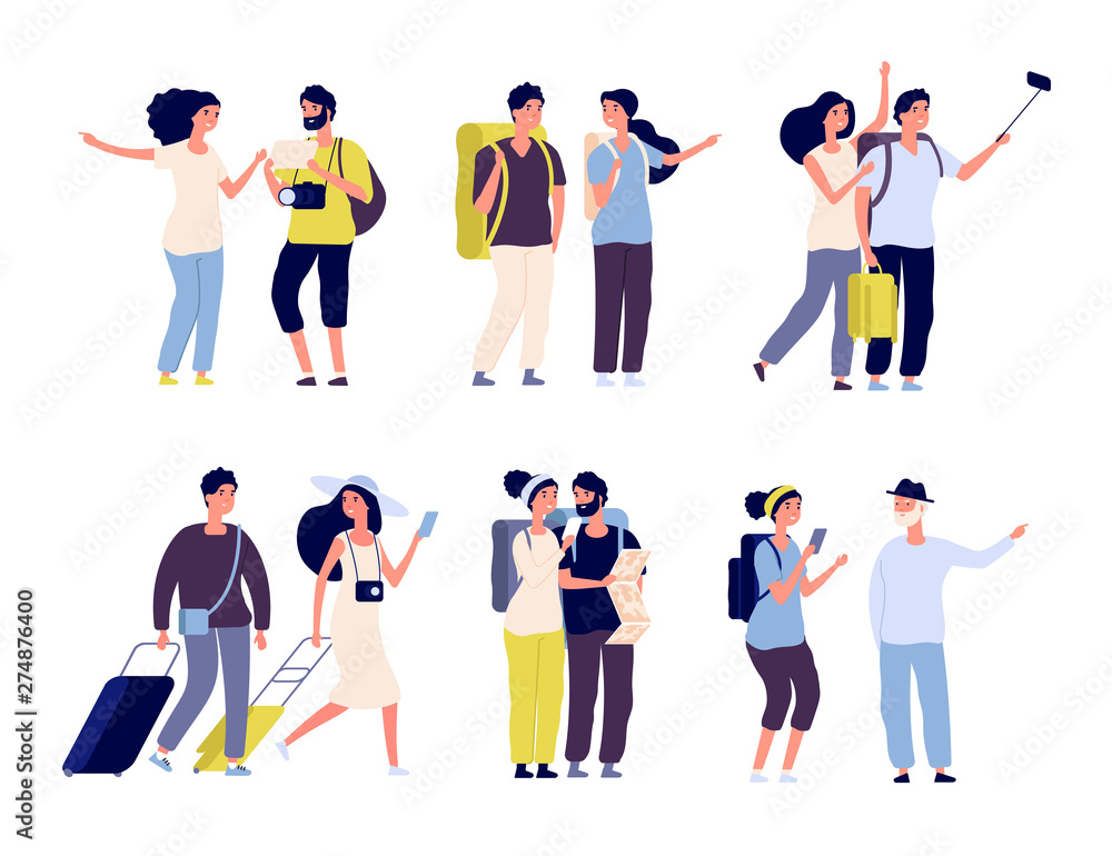 Tourist characters. Young couple family, tourists travelling with backpacks and bags, suitcases. Summer vacation people isolated vector. Illustration of summer tourist character, woman and man - obrazy, fototapety, plakaty 