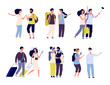 Tourist characters. Young couple family, tourists travelling with backpacks and bags, suitcases. Summer vacation people isolated vector. Illustration of summer tourist character, woman and man