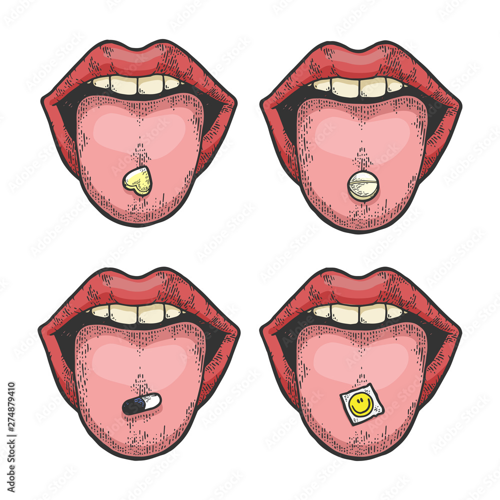 Tongue with drug narcotic pill and LSD stamp color sketch engraving vector illustration. Scratch board style imitation. Black and white hand drawn image. - obrazy, fototapety, plakaty 