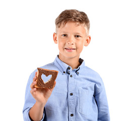 Canvas Print - Funny little boy with tasty toast on white background