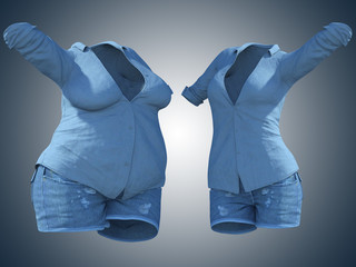 Wall Mural - Conceptual fat overweight obese female jeans shirt vs slim fit healthy body after weight loss or diet thin young woman on blue. Fitness, nutrition or fatness obesity health shape 3D illustration