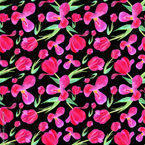 pink tulips with leaves. Seamless pattern. Texture for print, fabric, textile...