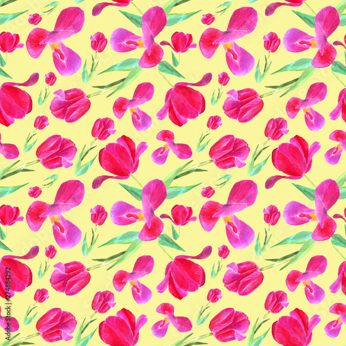 pink tulips with leaves. Seamless pattern. Texture for print, fabric, textile...