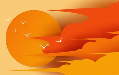 Wall Mural - illustration of cloudscape view and sunset in the evening with summertime season. beautiful bird fly