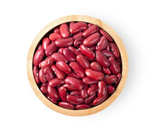 Top View Of Red Beans In Wood Bowl Isolated On The White Background. Top View