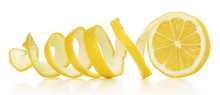 The Lemon Skin Is Twisted In A Spiral With Reflection On An Isolated White Background
