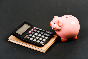 capital management. bookkeeping. financial report. moneybox with calculator. Piggy bank. planning counting budget. Commerece business. money saving. Accounting and payroll. pig of money