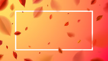 Fall Background With Blurred Flying Red Leaves And White Frame, Autumn Nature Vector Design