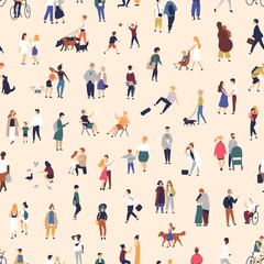 Fototapete - Seamless pattern with young and elderly people walking on street, riding bike or skateboard. Backdrop with city dwellers performing outdoor activities. Flat cartoon vector illustration for wallpaper.