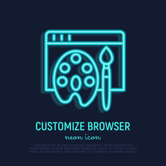 Wall Mural - customize browser neon thin line icon: web page with paint palette and brush. modern vector illustra