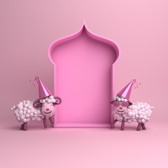 Wall Mural - Cartoon sheep, arabic window on pink pastel background copy space text. Design creative concept for islamic celebration day ramadan kareem or eid al fitr adha. 3d rendering illustration.