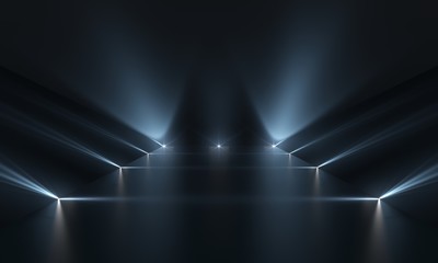 Futuristic dark podium with light and reflection background.