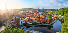 Czech Krumlov Czech Republic. View At Old European Town And River Vltava. Travel And Landmark Panorama.
