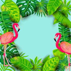 Pink flamingos and exotic palm leaves. Summer background vector illustration. Place for your text. Seasonal template for vacation, poster, banner, flyer, invitation, pool party. Vector illustration.