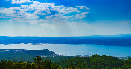 Wall Mural - Kagoshima, Kagosima city / Japan - 2019.05.12 : landscape of Kinkowan bay and Kagoshima city  from Yunohira observation point in Kagoshima Japan 