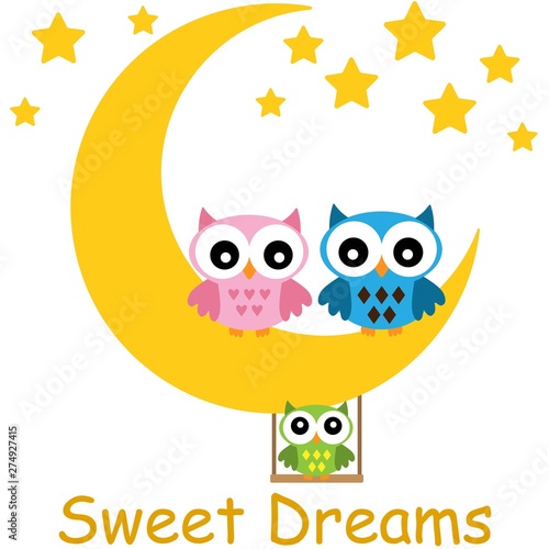 Cartoon Cute Owl Family Sits On The Moon With Text Vector Buy