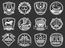 Israel David Star, Lion, Menorah. Judaism Badges