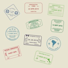 Wall Mural - Set of International travel visas passport stamp icons for entering to Australia, Thailand, Brazil, Canada, Cuba, Hong Kong, Indonesia, Vietnam