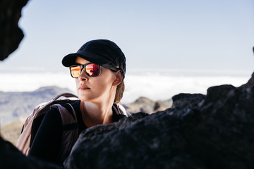 Wall Mural - Active holidays, young woman on Gran Canaria mountain trails. Spain, Europe.