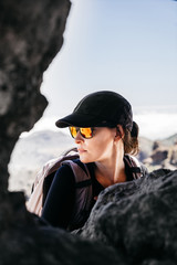 Wall Mural - Active holidays, young woman on Gran Canaria mountain trails. Spain, Europe.