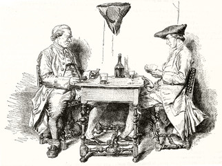 Wall Mural - Two medieval elegant people playing card on a little table and drinking wine. Old gray tone  illustration depicting two card players. After Messoinier publ. on Magasin Pittoresque Paris 1848