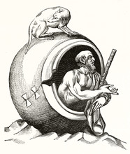 Old Illustration Depicting Diogenes, Famous Cinyc Greek Philosopher Who Lived In A Ceramic Jar. In This Etching Ther Is A Dog On Top Of The Jar. Magasin Pittoresque Paris 1848