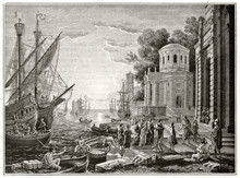 The Disembarkation Of Cleopatra At Tarsus Ancient Etching Rich Of Classic Elements As Buildings, Vessels, Sea And Sunset All Arranged In A Wonderful Composition. Magasin Pittoresque 1848 