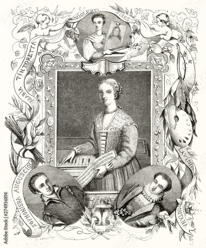 Fotomural Four self-portraits of female painters arranged in a swirl floral composition holded by two cherubs and oval frames
