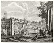 Panoramic view of the ruins of imperial roman forum in the middle ages, depicted in grayscale etching style. Campo Vaccino Imperial forum in Rome. Magasin Pittoresque Paris 1848