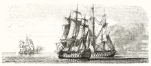 Couple Of Warships Fighting Close Together And Another Two Far Near The Horizon. Old Illustration Depicting Naval Tactic (boarding). By Unidentified Author Publ. On Magasin Pittoresque Paris 1848